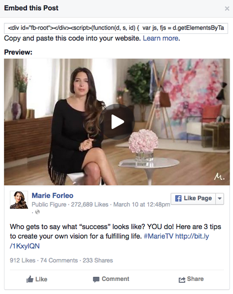 marie forleo video posting facebook kode embed