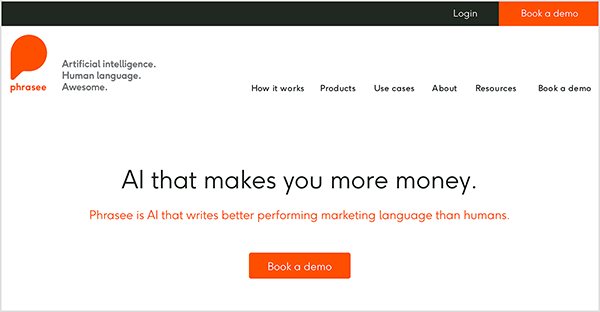 Ini adalah tangkapan layar dari situs web Frase. Di kiri atas adalah logo Frase oranye di atas namanya. Logo adalah satu bentuk yang menunjukkan tanda kutip tunggal pembuka dan gelembung ucapan. Slogan tersebut muncul di kiri dalam teks abu-abu: “Kecerdasan buatan. Bahasa Manusia. Luar biasa. ” Opsi navigasi berikut muncul di kanan atas: Cara kerjanya, Produk, Kasus penggunaan, Tentang, Sumber, dan Pesan demo. Di tengah halaman web terdapat judul "AI yang menghasilkan lebih banyak uang." Di bawah judul, dalam teks oranye, adalah sebagai berikut baris: "Frase adalah AI yang menulis bahasa pemasaran yang berkinerja lebih baik daripada manusia." Di bawah teks ini adalah tombol oranye berlabel Buku a Demo. Mike Rhodes mengatakan Phrasee adalah contoh kecerdasan buatan yang dapat membantu pemasar dengan pengiriman pesan.