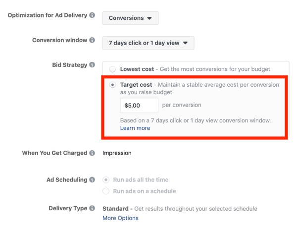 Tips untuk menurunkan biaya Iklan Facebook Anda, pilihan untuk mengatur strategi penawaran ke biaya target
