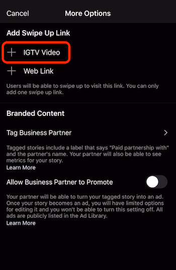 opsi untuk menambahkan tautan geser ke atas ke video IGTV