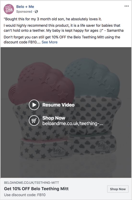 Iklan Facebook ini menggunakan video slideshow untuk mempromosikan diskon pada produk tertentu.