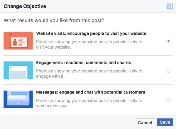 Pilihan obyektif untuk posting yang ditingkatkan didasarkan pada media yang digunakan dalam posting Facebook Anda.