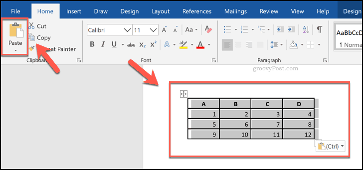 Sel yang disisipkan dari Excel spreadsheet, ditampilkan sebagai tabel di Word