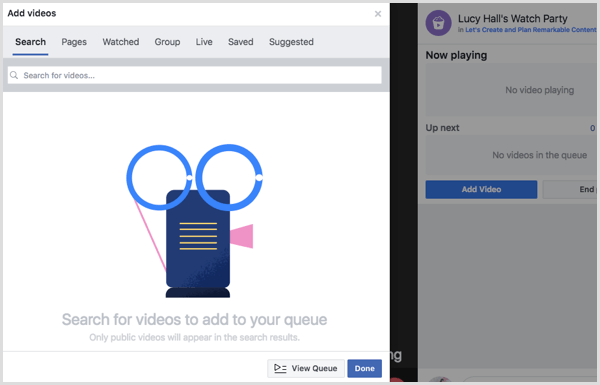 Pilih sumber untuk menambahkan video ke antrean pesta tontonan Facebook Anda.