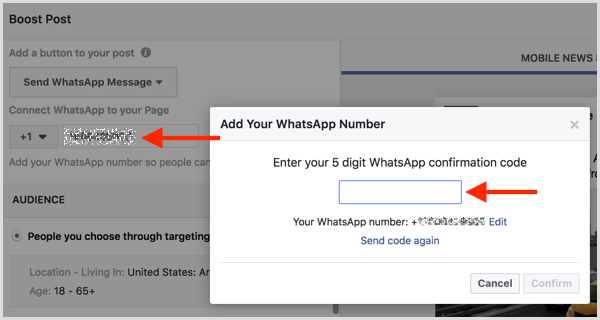 Masukkan kode konfirmasi yang Anda terima melalui SMS untuk menghubungkan akun WhatsApp Business Anda dengan Facebook.