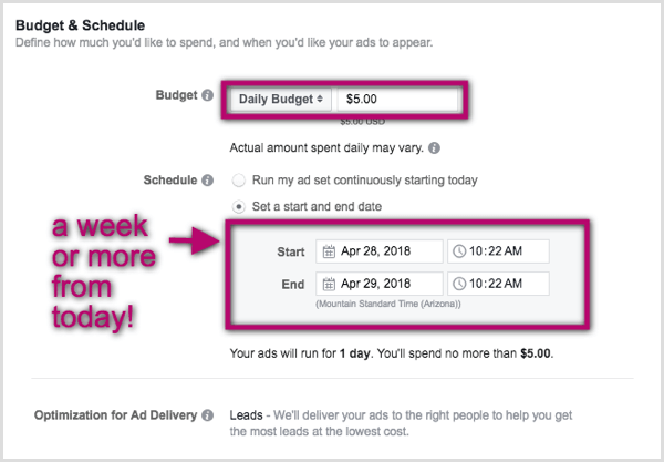 Tetapkan anggaran dan jadwal untuk iklan utama Facebook.