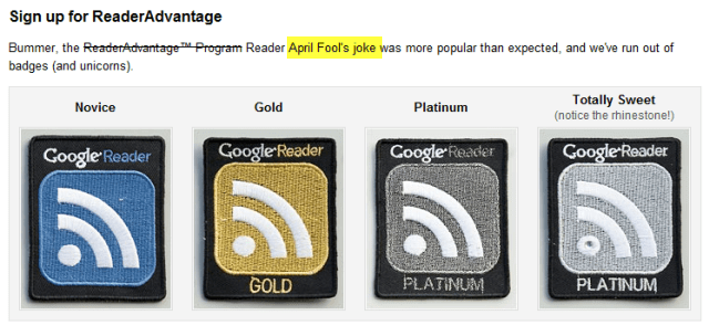 Lencana Keuntungan Pembaca Google Reader 2010 April Mop