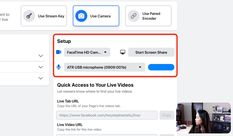 Facebook opsi pengaturan streaming langsung untuk memilih kamera dan mikrofon dan / atau berbagi layar