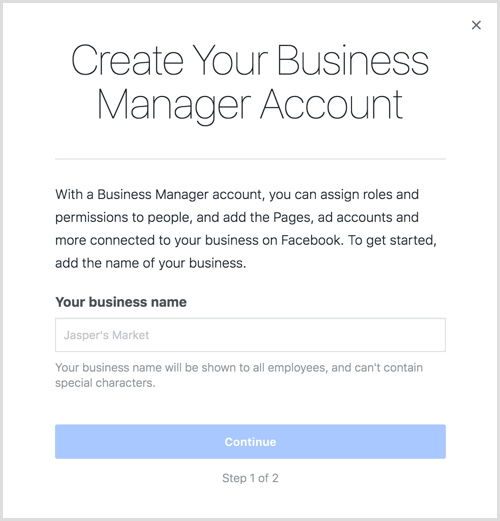 Masukkan nama bisnis Anda untuk membuat akun Business Manager Anda.