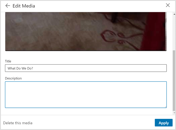 Kotak dialog Edit Media yang Anda lihat saat Anda menautkan ke video di profil LinkedIn Anda