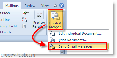 Tangkapan layar Outlook 2010-selesai dan gabungkan dan kirim pesan email