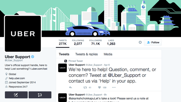 Uber memiliki akun Twitter terpisah untuk Dukungan Uber.
