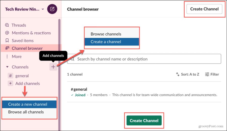 Buat Channel di Slack Channel Browser