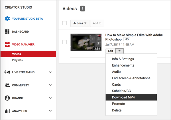 Arahkan ke video Anda di Pengelola Video, klik tombol Edit di samping video YouTube Anda, dan pilih Unduh MP4.