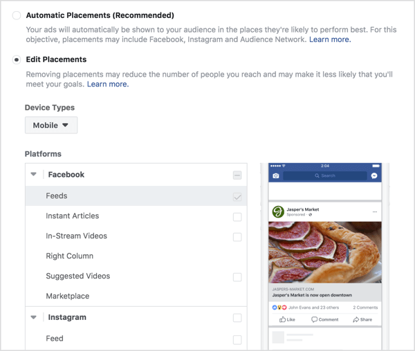 Pilih penempatan untuk iklan keterlibatan Facebook.