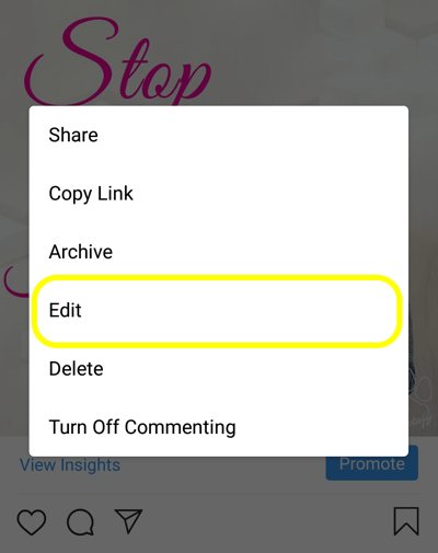 Cara menambahkan teks alt ke posting Instagram, langkah 5, edit opsi posting. 