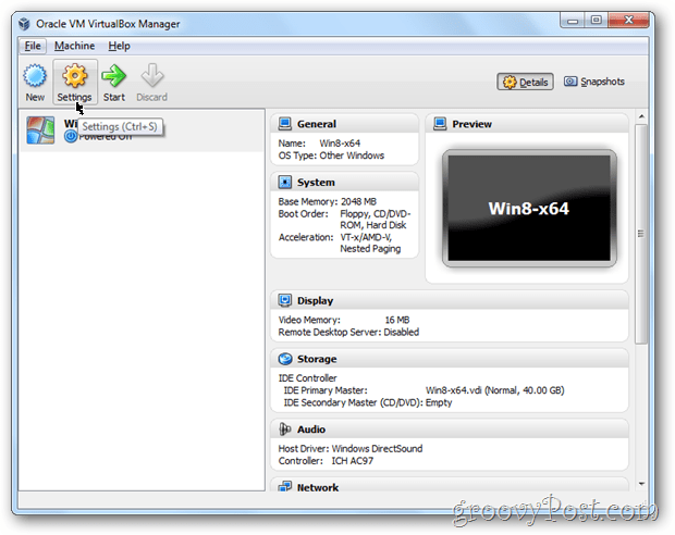 Pengaturan VirtualBox mengkonfigurasi windows 8