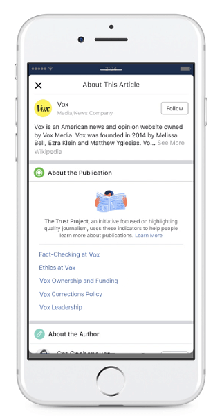 Facebook akan mulai menampilkan Indikator Kepercayaan penerbit baru untuk artikel yang dibagikan di Umpan Berita.