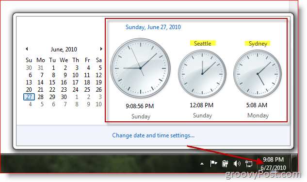 Microsoft Windows 7 menampilkan jam tambahan dalam zona waktu yang berbeda